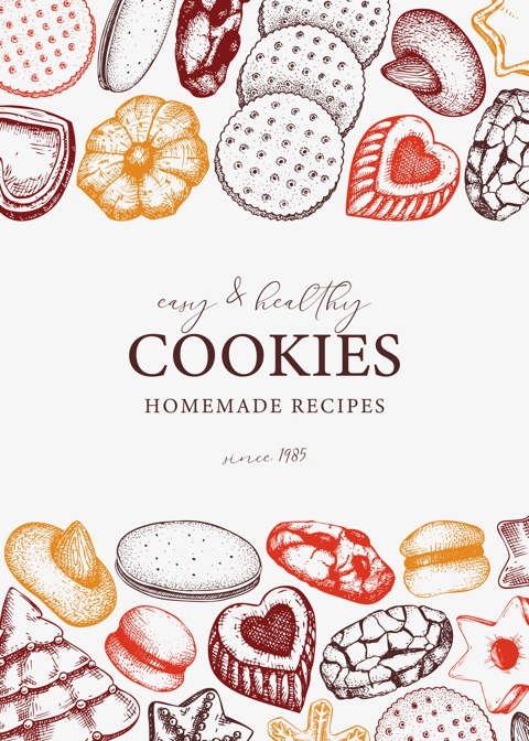 Vector cookies background in sketch style. Bakery shop brochure or card vintage design. Cookies with almond, chocolate, icing, jam, crackers, chips hand drawn illustrations. Pastries banner template